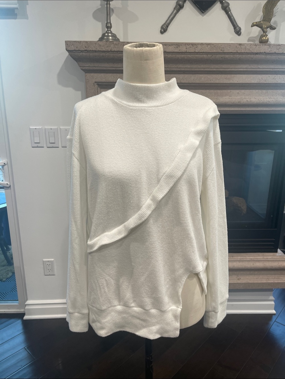 LNA White Women's Mock Neck Ruffle Trim Sweater